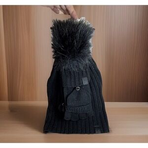 Calvin Klein Hat & Flip-top Gloves Mittens Black Fluffy Pom-Pom Cable Knit NWT